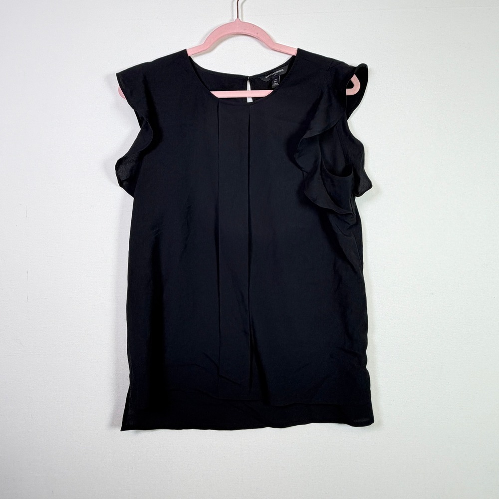 BANANA REPUBLIC Black Ruffle Sleeve Pleated Front Blouse Medium Petite